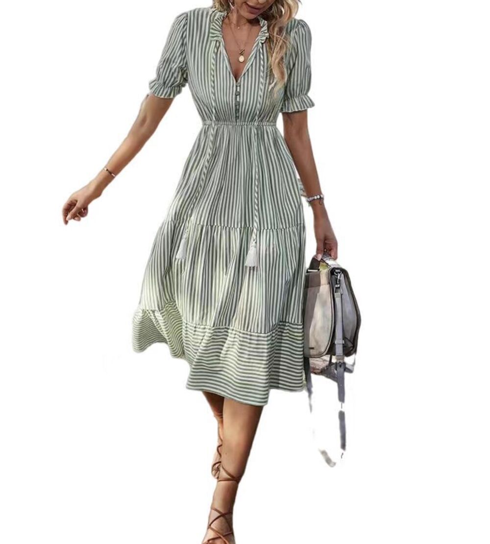 Women's Sage Green Striped V-Neck Puff-Sleeve Tiered Midi Dress